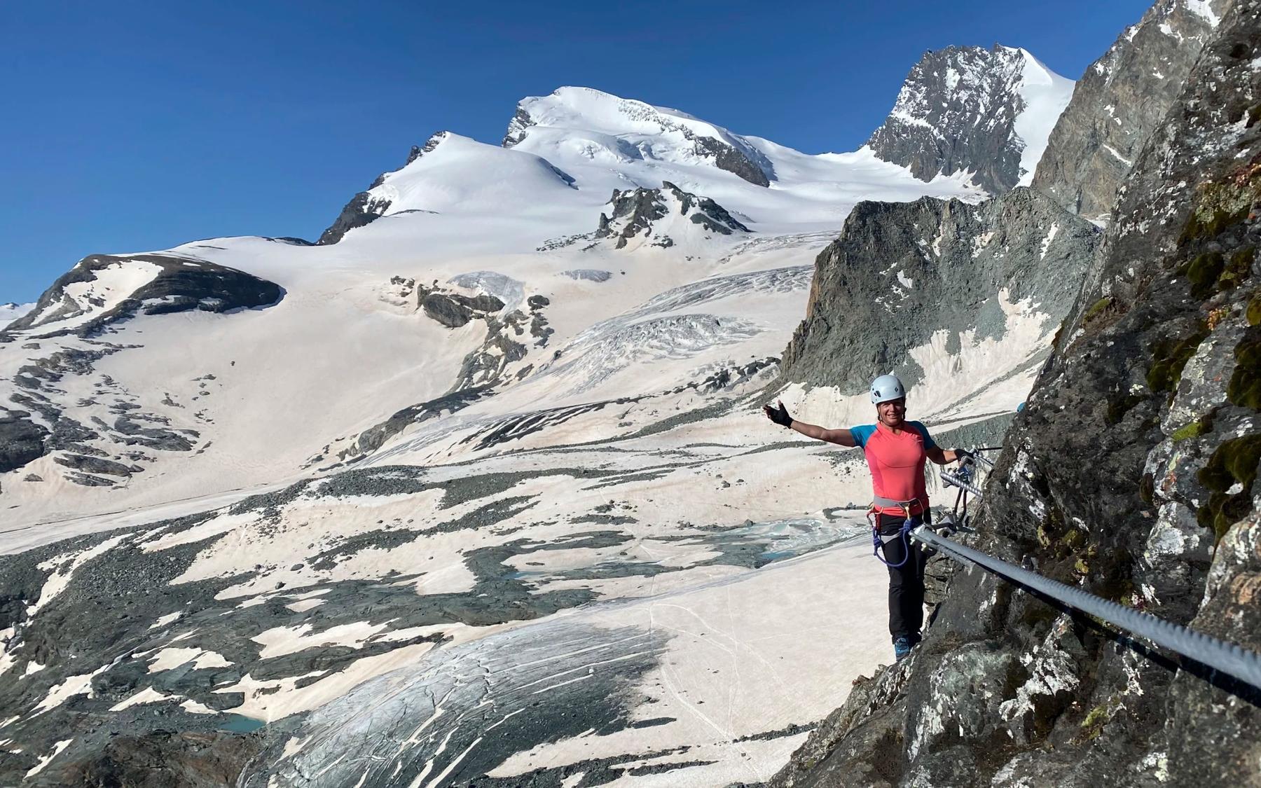 Wonderful view of the Britannia via ferrata: view of the Strahlhorn and Rimpfischhorn.