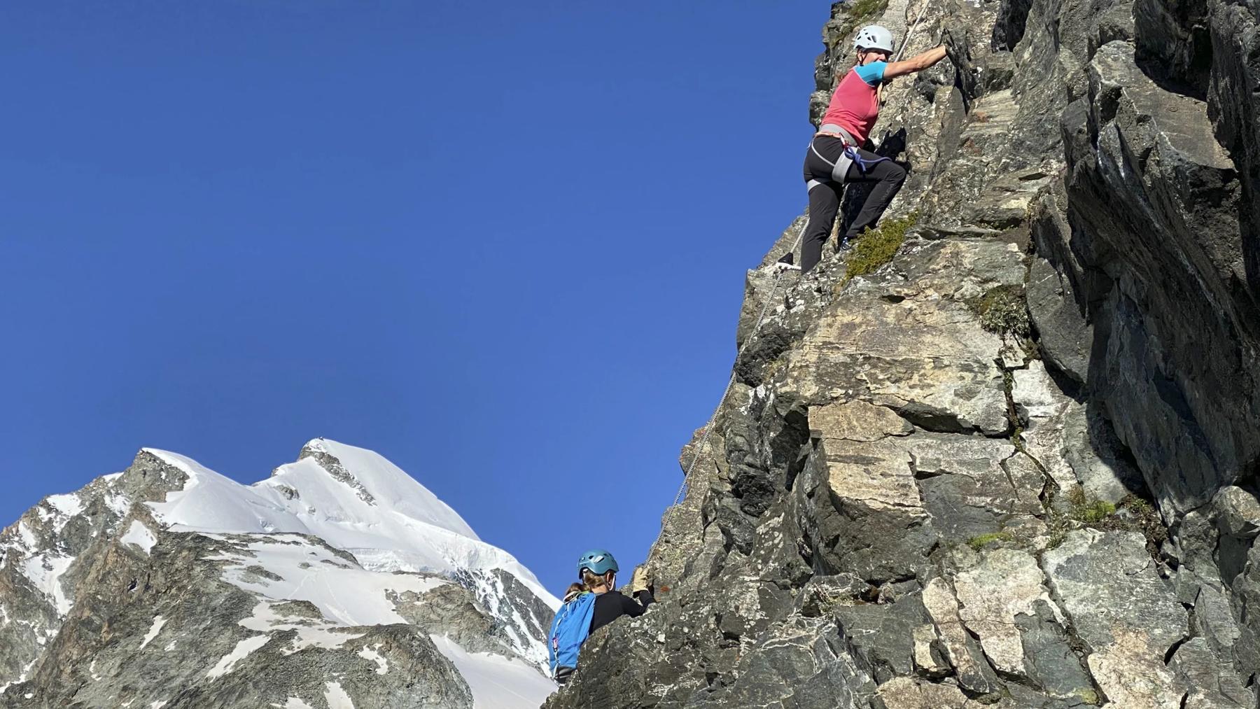 On the Britannia via ferrata with the Allalinhorn in the background.