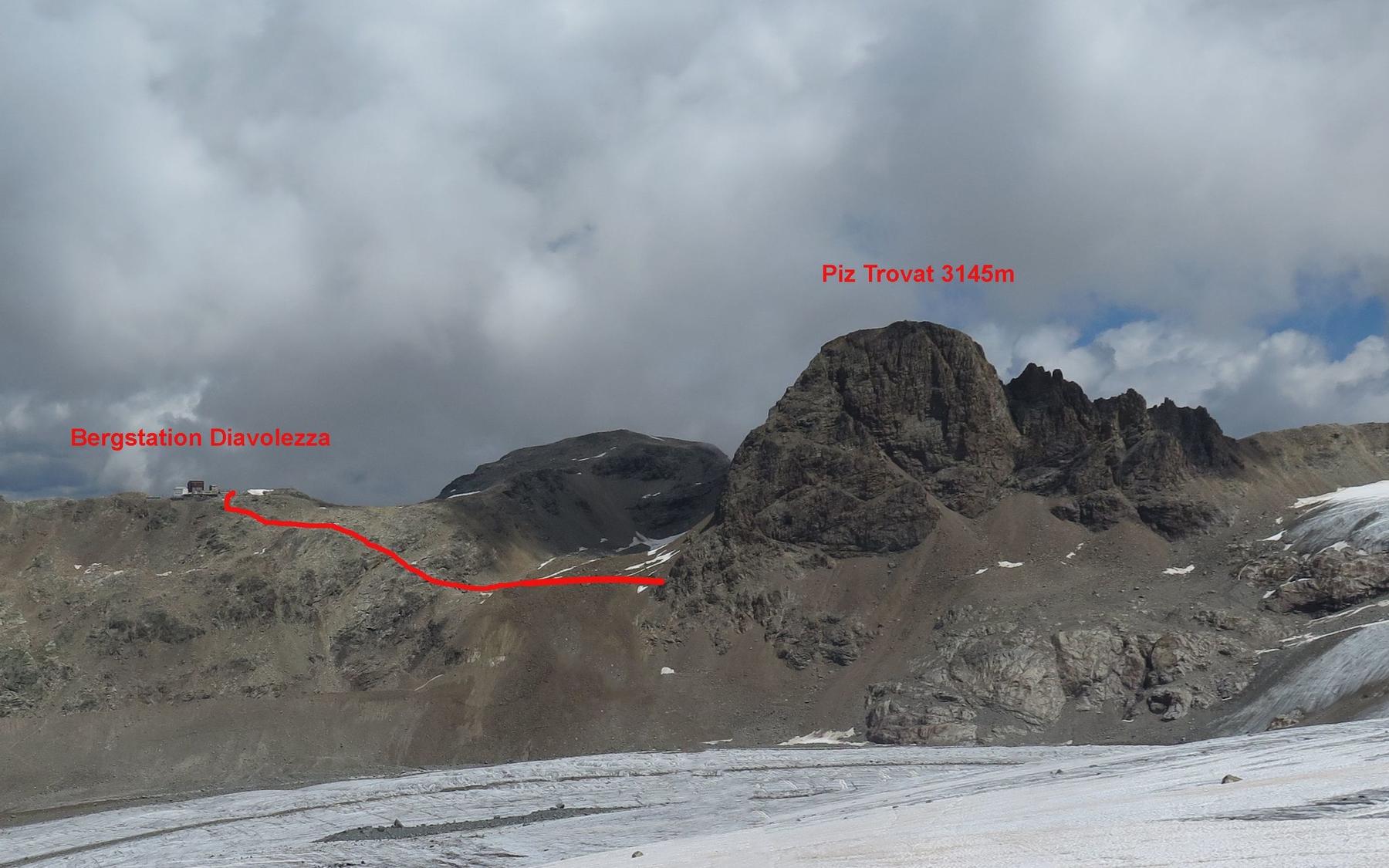 Piz Trovat with access trail to the via ferrata from the Diavolezza.