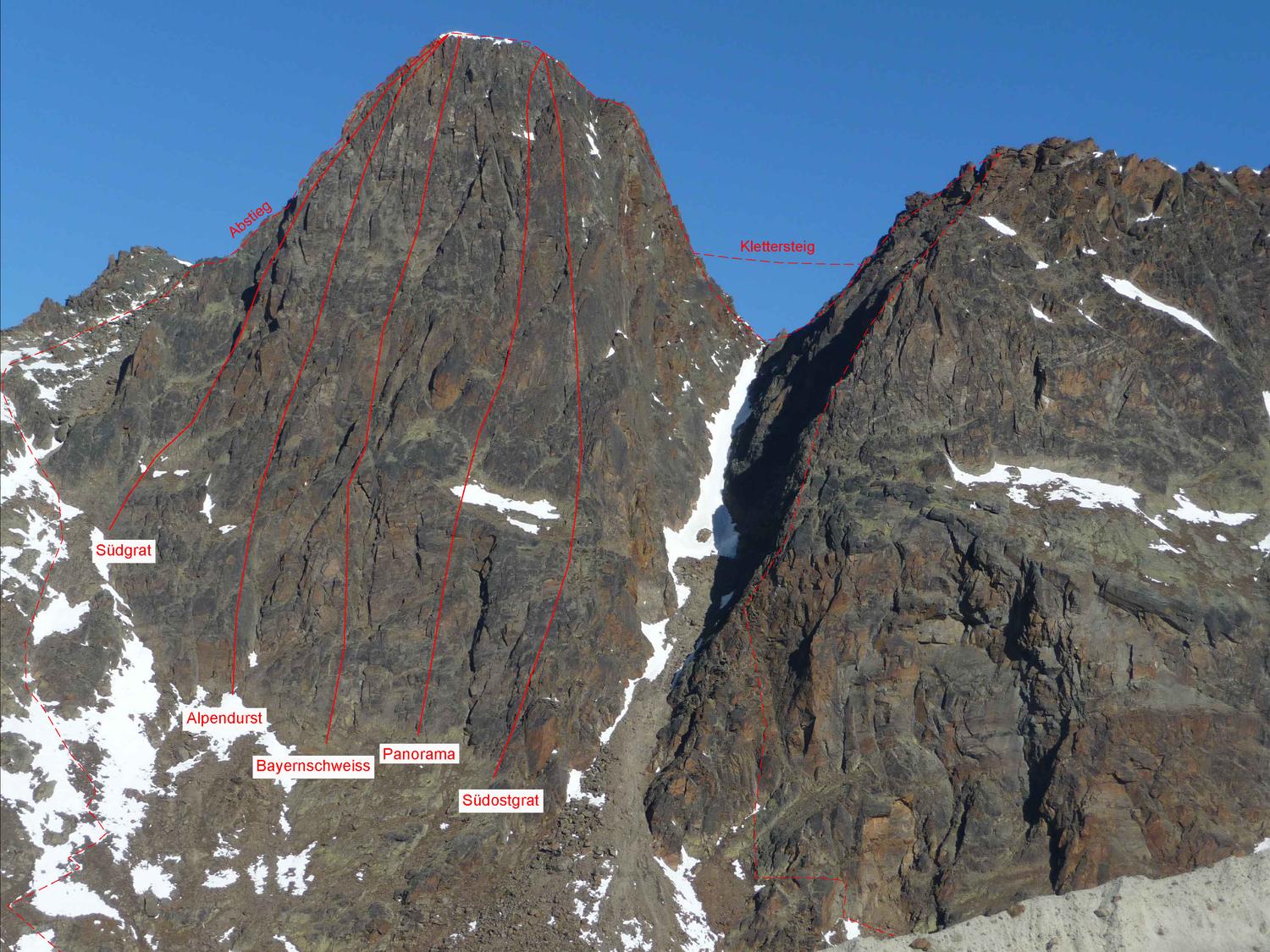Jegihorn mit seinen Kletterrouten und dem Klettersteig.