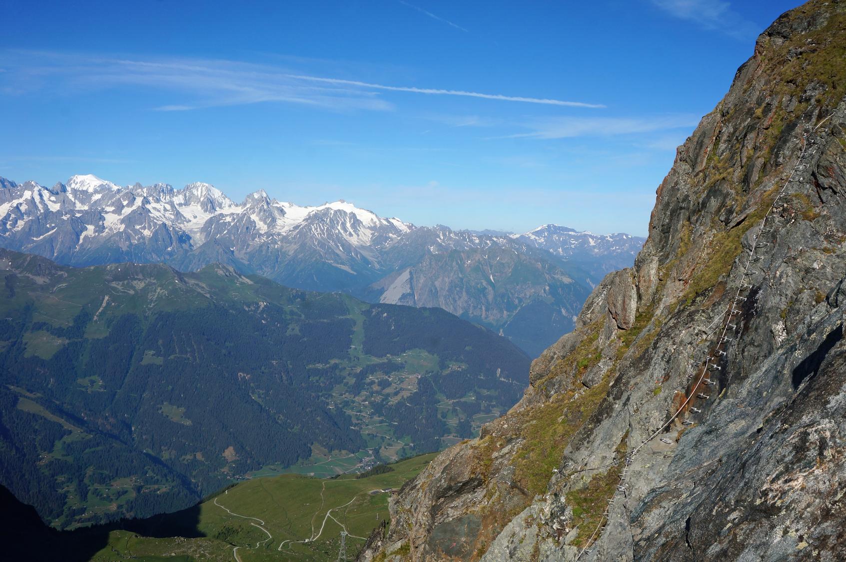 Gentianes via ferrata with the Mont Blanc massif behind.