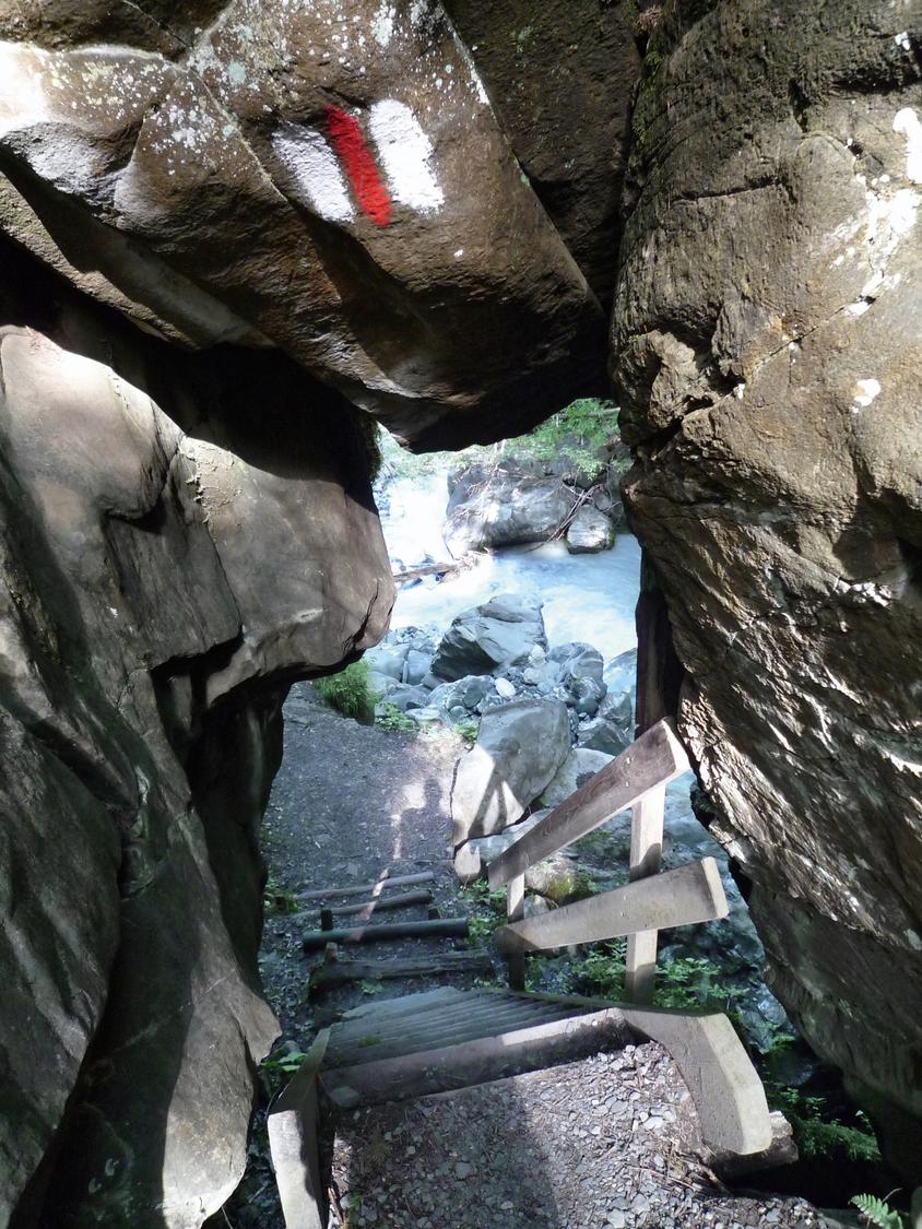 Wooden ladder on the footpath. The Avançon de Nant gurgles beneath.